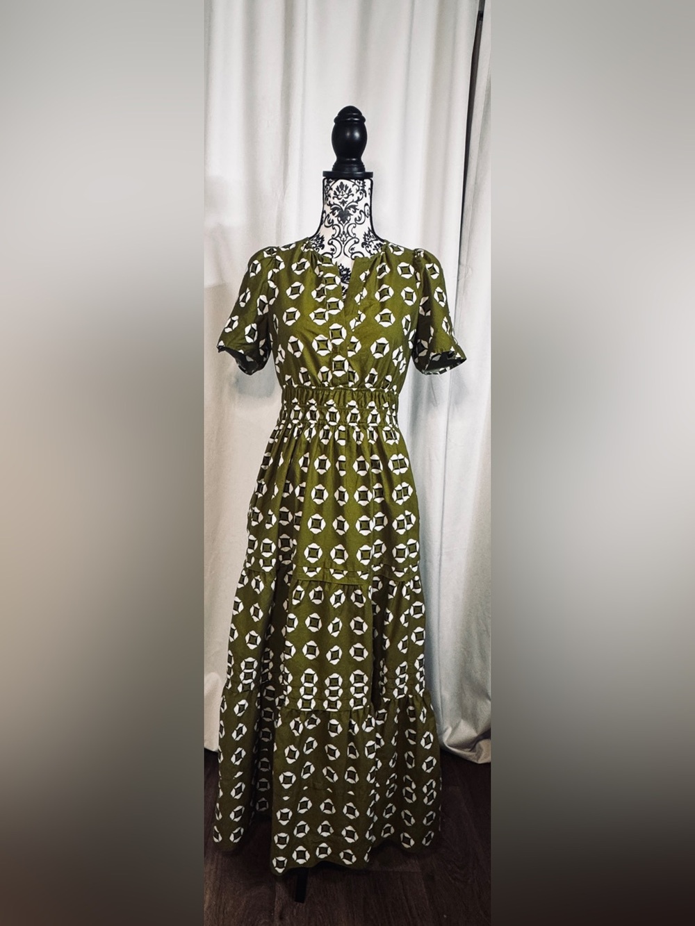 Anthropologie Olive Green Geometric Midi Dress